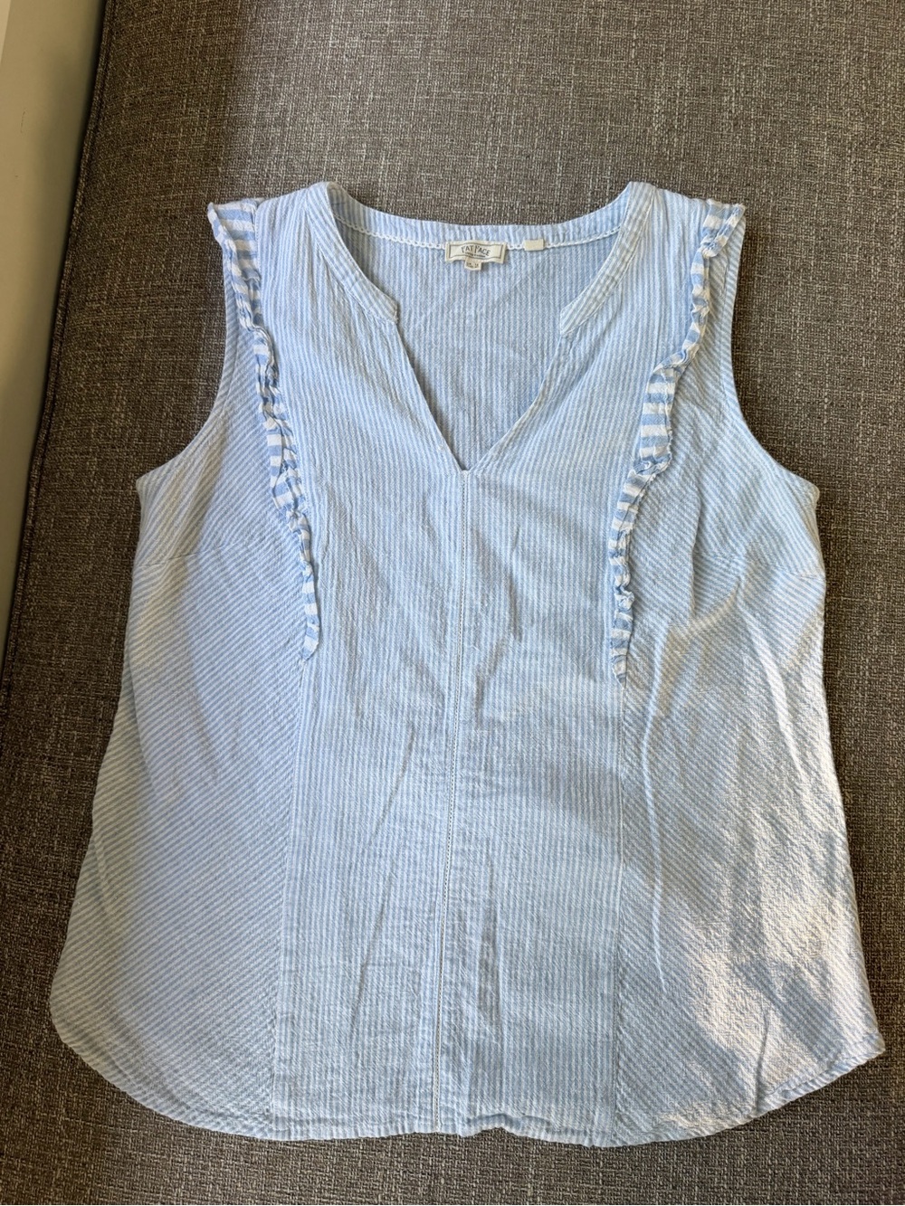 Fat Face Light Blue Striped Ruffle-Trim Linen Blend V-Neck Sleeveless Blouse